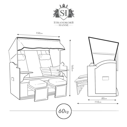 Strandkorb Ostsee ROYAL XXL Volllieger - extra breit und fertig montiert - 150 cm anthrazit Oliv blau inkl. Schutzhülle, ideal für Garten u. Terrasse - 6