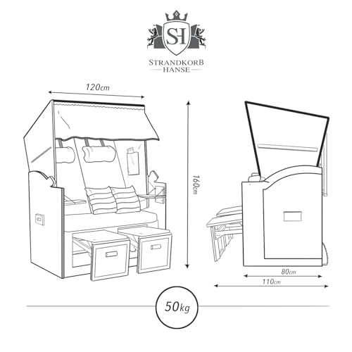 Strandkorb Ostsee XXL Volllieger 2 Sitzer - 120 cm breit & fertig montiert - grau Oliv blau inklusive Schutzhülle, ideal für Garten und Terrasse - 2