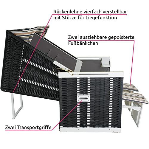 tectake 800805 Strandkorb Ostsee 2-Sitzer, 4-Fach verstellbare Rückenlehne, Volllieger mit Fußbänkchen und Seitentische, inkl. Schutzhülle + Kissen (Bunt gestreift | Nr. 403909) - 5