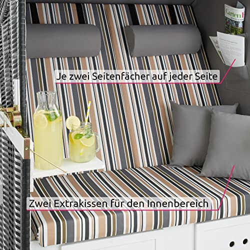 tectake 800805 Strandkorb Ostsee 2-Sitzer, 4-Fach verstellbare Rückenlehne, Volllieger mit Fußbänkchen und Seitentische, inkl. Schutzhülle + Kissen (Bunt gestreift | Nr. 403909) - 6