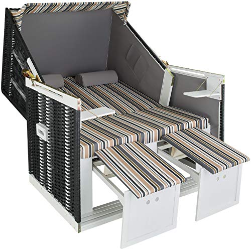 tectake 800805 Strandkorb Ostsee 2-Sitzer, 4-Fach verstellbare Rückenlehne, Volllieger mit Fußbänkchen und Seitentische, inkl. Schutzhülle + Kissen (Bunt gestreift | Nr. 403909) - 3
