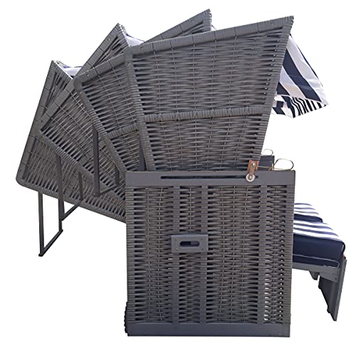 BRAST Strandkorb Nordsee XXL Volllieger Blau Weiß Rattan Grau incl Schutzhülle 2 Sitzer 120cm breit Gartenliege Sonneninsel Poly Rattan - 2