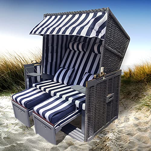 BRAST Strandkorb Nordsee XXL Volllieger Blau Weiß Rattan Grau incl Schutzhülle 2 Sitzer 120cm breit Gartenliege Sonneninsel Poly Rattan - 9