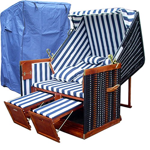 Strandkorb XL inkl. winterfester Strandkorbhülle u. 4X Kissen - blau-gestreifter Stoff - schwarzes Polyrattan - Strandkorb Nordsee - 2