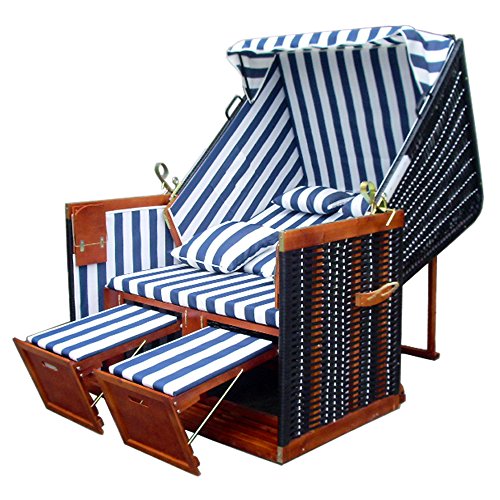 Strandkorb XL inkl. winterfester Strandkorbhülle u. 4X Kissen - blau-gestreifter Stoff - schwarzes Polyrattan - Strandkorb Nordsee - 3