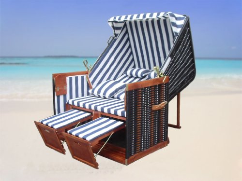 Strandkorb XL inkl. winterfester Strandkorbhülle u. 4X Kissen - blau-gestreifter Stoff - schwarzes Polyrattan - Strandkorb Nordsee - 5