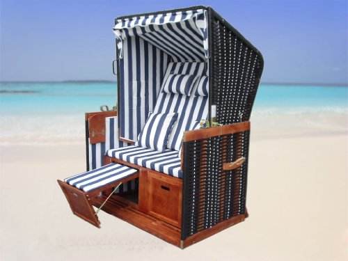 Strandkorb XL inkl. winterfester Strandkorbhülle u. 4X Kissen - blau-gestreifter Stoff - schwarzes Polyrattan - Strandkorb Nordsee - 6