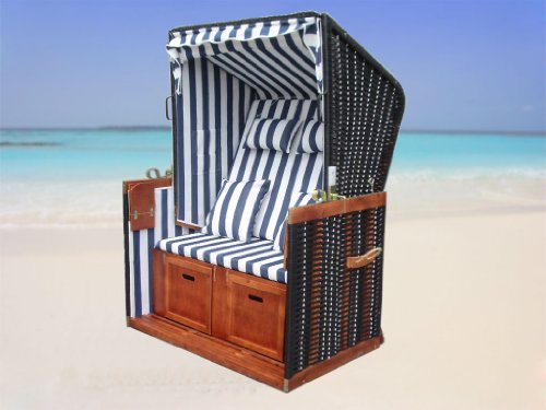 Strandkorb XL inkl. winterfester Strandkorbhülle u. 4X Kissen - blau-gestreifter Stoff - schwarzes Polyrattan - Strandkorb Nordsee - 7