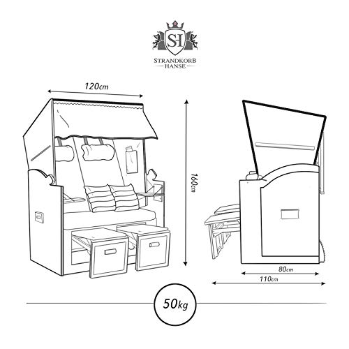 Strandkorb Ostsee XXL Volllieger 2 Sitzer - 120 cm breit - blau weiß gestreift inklusive Schutzhülle, ideal für Garten und Terrasse - 5