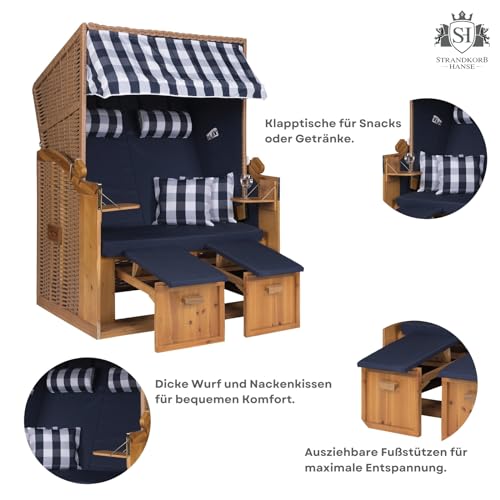 Strandkorb Ostsee XXL Volllieger 2 Sitzer – 120 cm breit – blau weiß gestreift inklusive Schutzhülle, ideal für Garten und Terrasse - 4