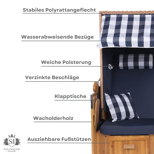 Strandkorb Ostsee XXL Volllieger 2 Sitzer – 120 cm breit – blau weiß gestreift inklusive Schutzhülle, ideal für Garten und Terrasse - 5