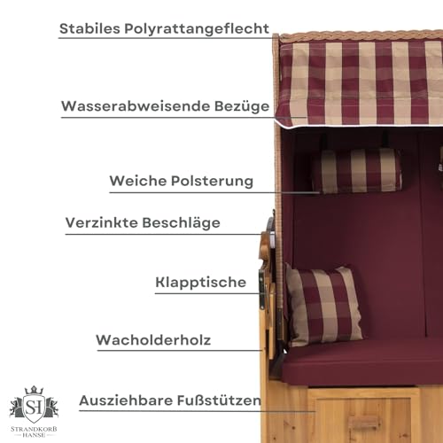 Strandkorb Ostsee XXL Volllieger 2 Sitzer – 120 cm breit – Burgund rot grün inklusive Schutzhülle, ideal für Garten und Terrasse - 6