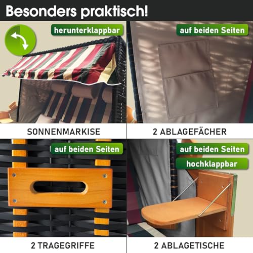 BRAST Strandkorb Ostsee 3-Sitzer 160cm breit Rot Grün Beige kariert XXL Volllieger incl. Schutzhülle Gartenliege Sonneninsel Poly-Rattan - 5