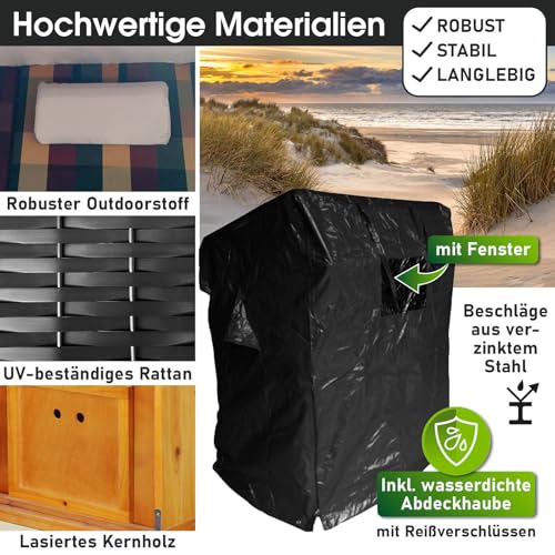 BRAST Strandkorb Ostsee 3-Sitzer 160cm breit Rot Grün Beige kariert XXL Volllieger incl. Schutzhülle Gartenliege Sonneninsel Poly-Rattan - 6
