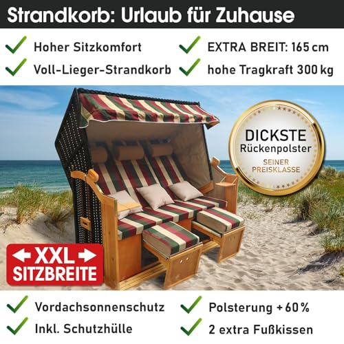 BRAST Strandkorb Ostsee 3-Sitzer 160cm breit Rot Grün Beige kariert XXL Volllieger incl. Schutzhülle Gartenliege Sonneninsel Poly-Rattan - 7