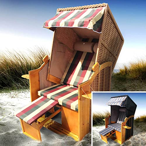 Strandkorb Helgoland 2-Sitzer für 2 Personen 90cm breit Rot Beige Grün kariert Gartenliege Sonneninsel Poly-Rattan