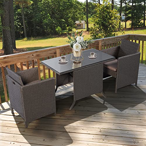 GIANTEX Rattan Gartenmöbel Set 2 Personen, Balkonmöbel Set für kleinen Balkon, Rattan Balkonmöbel Balkontisch mit 2 Stühlen zusammenschiebbar, Terrassen Balkon Möbel Platzsparend, Balkonset wetterfest - 2