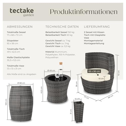 TecTake 800690 Aluminium Poly Rattan Sitzgruppe für 2 Personen, 8-teilig, Aufbewahrung in Ei-Form, wetterfest, inkl. Sitz- und Rückenkissen & Vase – Diverse Farben (Grau | Nr. 403141) - 8