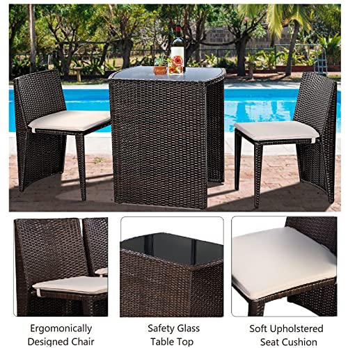 GIANTEX Balkonmöbel Kleiner Balkon 2 Personen, Gartenmöbel Set 2 Stühle mit Tisch zusammenschiebbar, Balkonmöbel Set Rattan, Keine Montage, Balkon Möbel klein platzsparend, Balkonset 3 teilig - 4