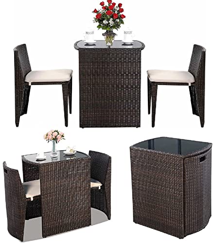 GIANTEX Balkonmöbel Kleiner Balkon 2 Personen, Gartenmöbel Set 2 Stühle mit Tisch zusammenschiebbar, Balkonmöbel Set Rattan, Keine Montage, Balkon Möbel klein platzsparend, Balkonset 3 teilig - 7