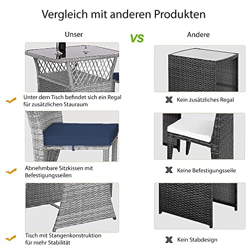 Melko Gartenmöbel 3er Set Gartengarnitur Polyrattan Sitzgruppe Grau Barset Garten Sitzgarnitur platzsparend Balkonset (Grau) - 4