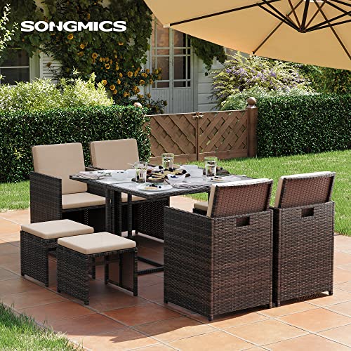 SONGMICS Gartenmöbel-Set Polyrattan Lounge, Esszimmermöbel, Esstisch und Stühle, 9er Set, aus PE-Rattan, Terrassenmöbel, Couchtisch mit Glasoberfläche, mit Kissen, platzsparend, braun-beige GGF009K02 - 2