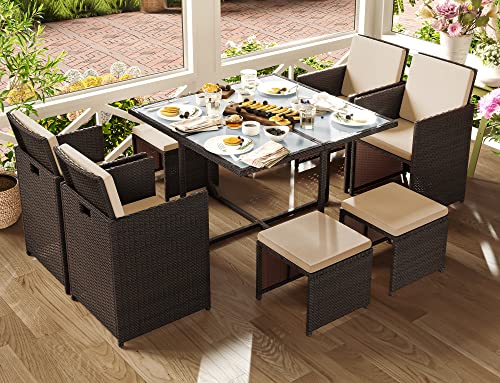 SONGMICS Gartenmöbel-Set Polyrattan Lounge, Esszimmermöbel, Esstisch und Stühle, 9er Set, aus PE-Rattan, Terrassenmöbel, Couchtisch mit Glasoberfläche, mit Kissen, platzsparend, braun-beige GGF009K02 - 3