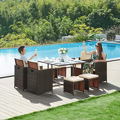 SONGMICS Gartenmöbel-Set Polyrattan Lounge, Esszimmermöbel, Esstisch und Stühle, 9er Set, aus PE-Rattan, Terrassenmöbel, Couchtisch mit Glasoberfläche, mit Kissen, platzsparend, braun-beige GGF009K02 - 4