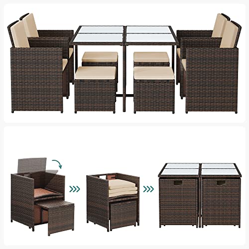 SONGMICS Gartenmöbel-Set Polyrattan Lounge, Esszimmermöbel, Esstisch und Stühle, 9er Set, aus PE-Rattan, Terrassenmöbel, Couchtisch mit Glasoberfläche, mit Kissen, platzsparend, braun-beige GGF009K02 - 6