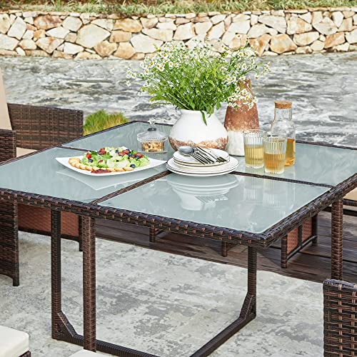 SONGMICS Gartenmöbel-Set Polyrattan Lounge, Esszimmermöbel, Esstisch und Stühle, 9er Set, aus PE-Rattan, Terrassenmöbel, Couchtisch mit Glasoberfläche, mit Kissen, platzsparend, braun-beige GGF009K02 - 8