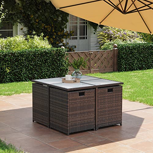 SONGMICS Gartenmöbel-Set Polyrattan Lounge, Esszimmermöbel, Esstisch und Stühle, 9er Set, aus PE-Rattan, Terrassenmöbel, Couchtisch mit Glasoberfläche, mit Kissen, platzsparend, braun-beige GGF009K02 - 9