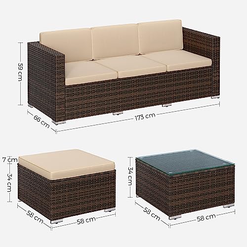 SONGMICS Polyrattan Lounge, Gartenmöbel-Set, Balkonmöbel, Gartenlounge, mit Kissen und Glastisch, Terrassenmöbel, Ecksofa, Outdoor, für Terrasse, Balkon, Garten, braun-Taupe GGF005K03 - 5