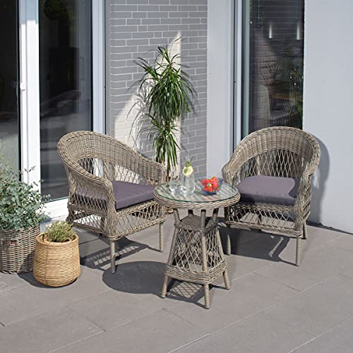 Green Spirit - Balkonmöbel-Set Bornholm - Braun-Grau, Polyrattan, für 2 Personen, Wetterfest, Sicherheitsglas - Bistro-Set, Balkon-Set mit 2 Stühlen, Tisch - 2