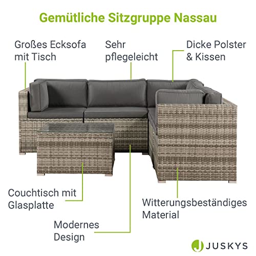 Juskys Polyrattan Gartenmöbel-Set Nassau wetterfest — Lounge mit Ecksofa, Tisch & Auflagen – Gartenlounge für 5 Personen — Sitzgruppe Beige-Grau - 3