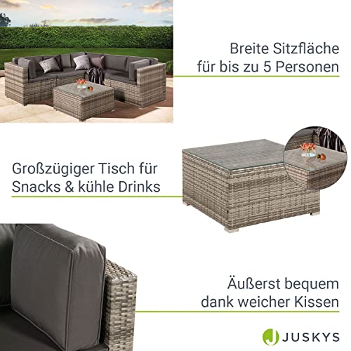 Juskys Polyrattan Gartenmöbel-Set Nassau wetterfest — Lounge mit Ecksofa, Tisch & Auflagen – Gartenlounge für 5 Personen — Sitzgruppe Beige-Grau - 4