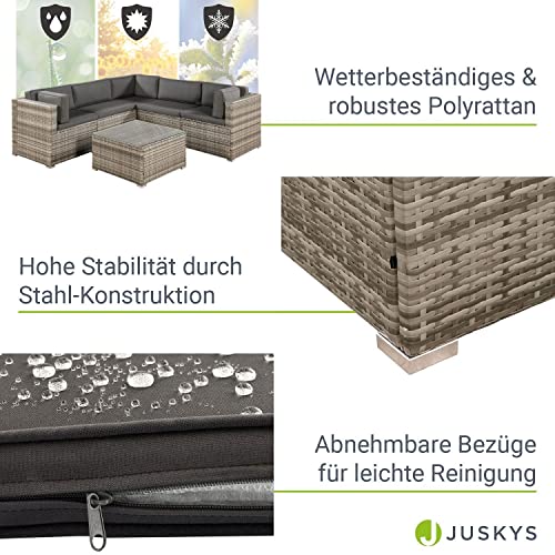 Juskys Polyrattan Gartenmöbel-Set Nassau wetterfest — Lounge mit Ecksofa, Tisch & Auflagen – Gartenlounge für 5 Personen — Sitzgruppe Beige-Grau - 5