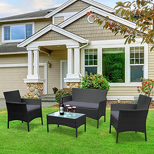 LeMeiZhiJia Balkon Möbel Set Gartengarnitur Rattan Lounge Set Anthrazit Polyrattan Gartengarnitur inkl. 1 Bank + 2 Stühle + 1 Tisch mit Glasplatte und 8 cm Rückenkissen für Garten - 3