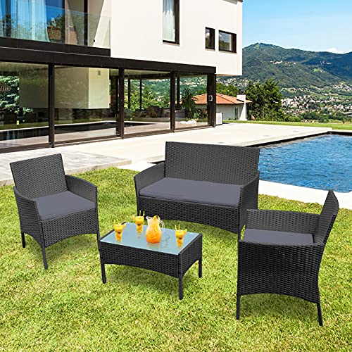 LeMeiZhiJia Balkon Möbel Set Gartengarnitur Rattan Lounge Set Anthrazit Polyrattan Gartengarnitur inkl. 1 Bank + 2 Stühle + 1 Tisch mit Glasplatte und 8 cm Rückenkissen für Garten - 4