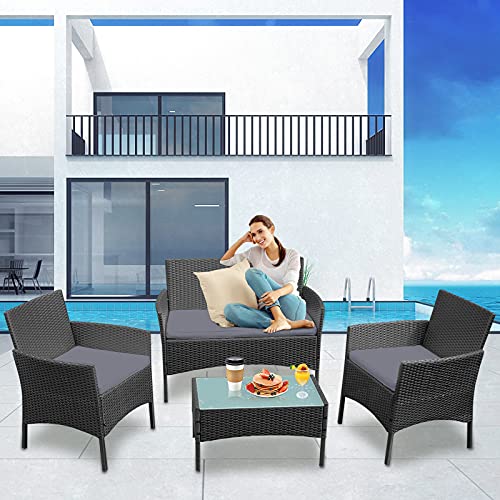 LeMeiZhiJia Balkon Möbel Set Gartengarnitur Rattan Lounge Set Anthrazit Polyrattan Gartengarnitur inkl. 1 Bank + 2 Stühle + 1 Tisch mit Glasplatte und 8 cm Rückenkissen für Garten - 5