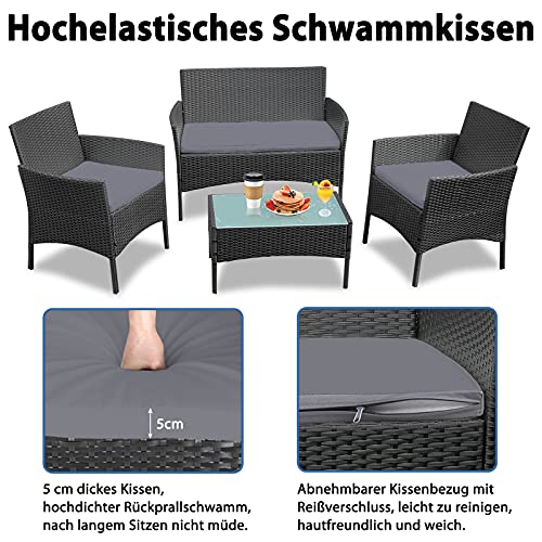 LeMeiZhiJia Balkon Möbel Set Gartengarnitur Rattan Lounge Set Anthrazit Polyrattan Gartengarnitur inkl. 1 Bank + 2 Stühle + 1 Tisch mit Glasplatte und 8 cm Rückenkissen für Garten - 6