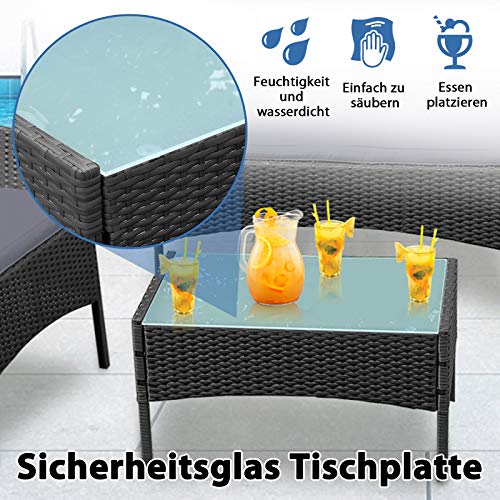 LeMeiZhiJia Balkon Möbel Set Gartengarnitur Rattan Lounge Set Anthrazit Polyrattan Gartengarnitur inkl. 1 Bank + 2 Stühle + 1 Tisch mit Glasplatte und 8 cm Rückenkissen für Garten - 7