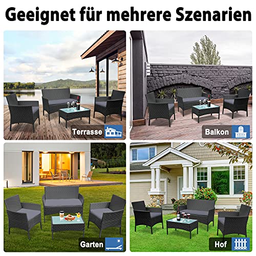 LeMeiZhiJia Balkon Möbel Set Gartengarnitur Rattan Lounge Set Anthrazit Polyrattan Gartengarnitur inkl. 1 Bank + 2 Stühle + 1 Tisch mit Glasplatte und 8 cm Rückenkissen für Garten - 8