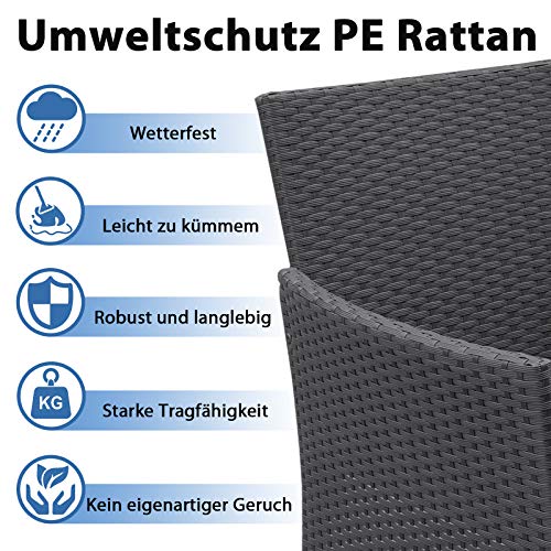 LeMeiZhiJia Balkon Möbel Set Gartengarnitur Rattan Lounge Set Anthrazit Polyrattan Gartengarnitur inkl. 1 Bank + 2 Stühle + 1 Tisch mit Glasplatte und 8 cm Rückenkissen für Garten - 9