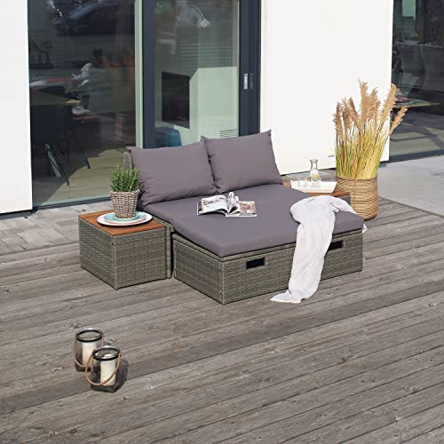 Green Spirit - Multifunktions Garten-Sofa Casitas - Grau, Polyrattan, für 2 Personen, Platzsparend, Wetterfest - Gartenlounge Set mit Gartensofa, Bank mit Aufbewahrung, 2X Beistelltisch, Polster - 2