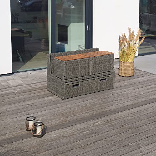 Green Spirit - Multifunktions Garten-Sofa Casitas - Grau, Polyrattan, für 2 Personen, Platzsparend, Wetterfest - Gartenlounge Set mit Gartensofa, Bank mit Aufbewahrung, 2X Beistelltisch, Polster - 3