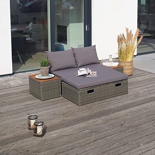 Green Spirit - Multifunktions Garten-Sofa Casitas - Grau, Polyrattan, für 2 Personen, Platzsparend, Wetterfest - Gartenlounge Set mit Gartensofa, Bank mit Aufbewahrung, 2X Beistelltisch, Polster - 4