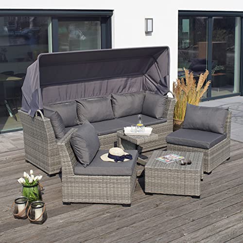 Green Spirit - Gartenlounge Set Santa Fe mit Sonnendach - Grau, Polyrattan, für 5 Personen, Wetterfest, Gartenmöbel-Set mit 3-Sitzer Sofa mit Dach, 2X Sessel, 1x Tisch, 1x Ottoman, inkl. Polster - 2