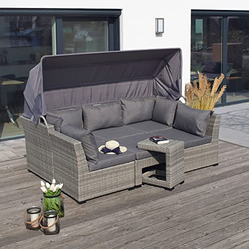 Green Spirit - Gartenlounge Set Santa Fe mit Sonnendach - Grau, Polyrattan, für 5 Personen, Wetterfest, Gartenmöbel-Set mit 3-Sitzer Sofa mit Dach, 2X Sessel, 1x Tisch, 1x Ottoman, inkl. Polster - 4