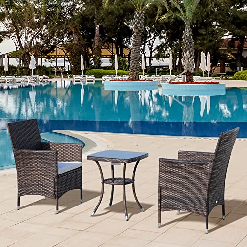 Outsunny Rattan Gartenmöbel Set mit Beistelltisch Bistroset 3-TLG. Balkonmöbel Set Rattan Gartenset Sitzgarnitur mit Sitzkissen Polyrattan + Stahl Braun 60 x 58,5 x 89,5 cm - 2