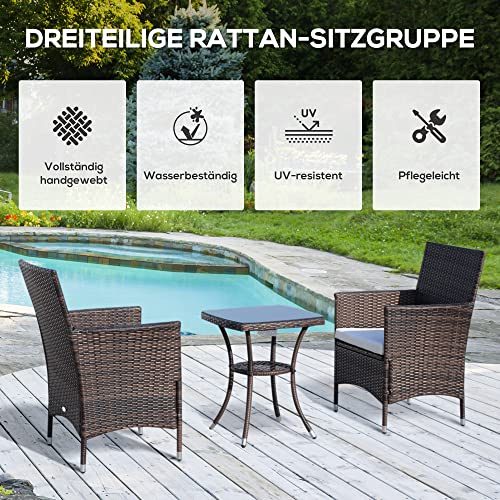 Outsunny Rattan Gartenmöbel Set mit Beistelltisch Bistroset 3-TLG. Balkonmöbel Set Rattan Gartenset Sitzgarnitur mit Sitzkissen Polyrattan + Stahl Braun 60 x 58,5 x 89,5 cm - 4